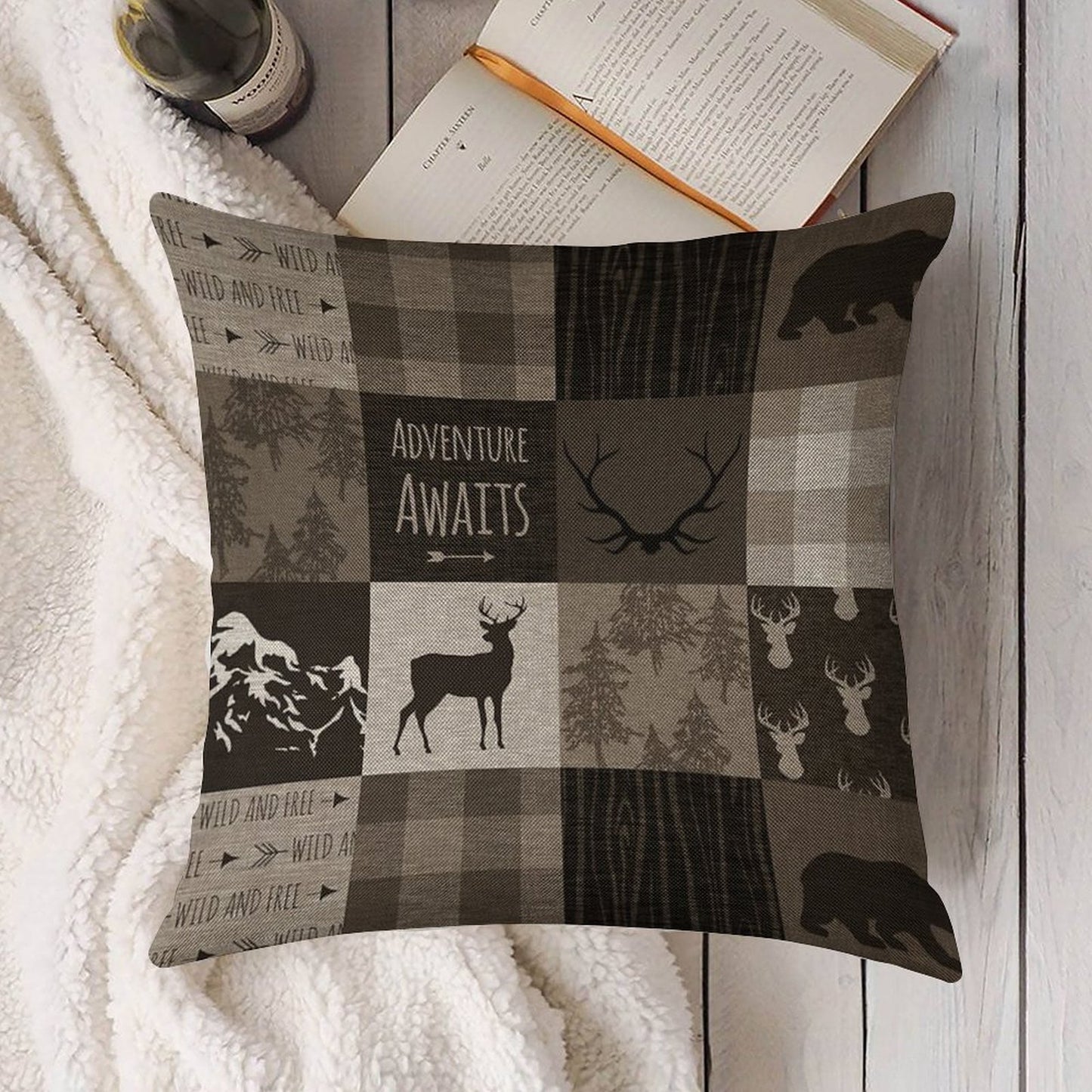 Adventure Patchwork - BrownBeige Linen Throw Pillow Cover