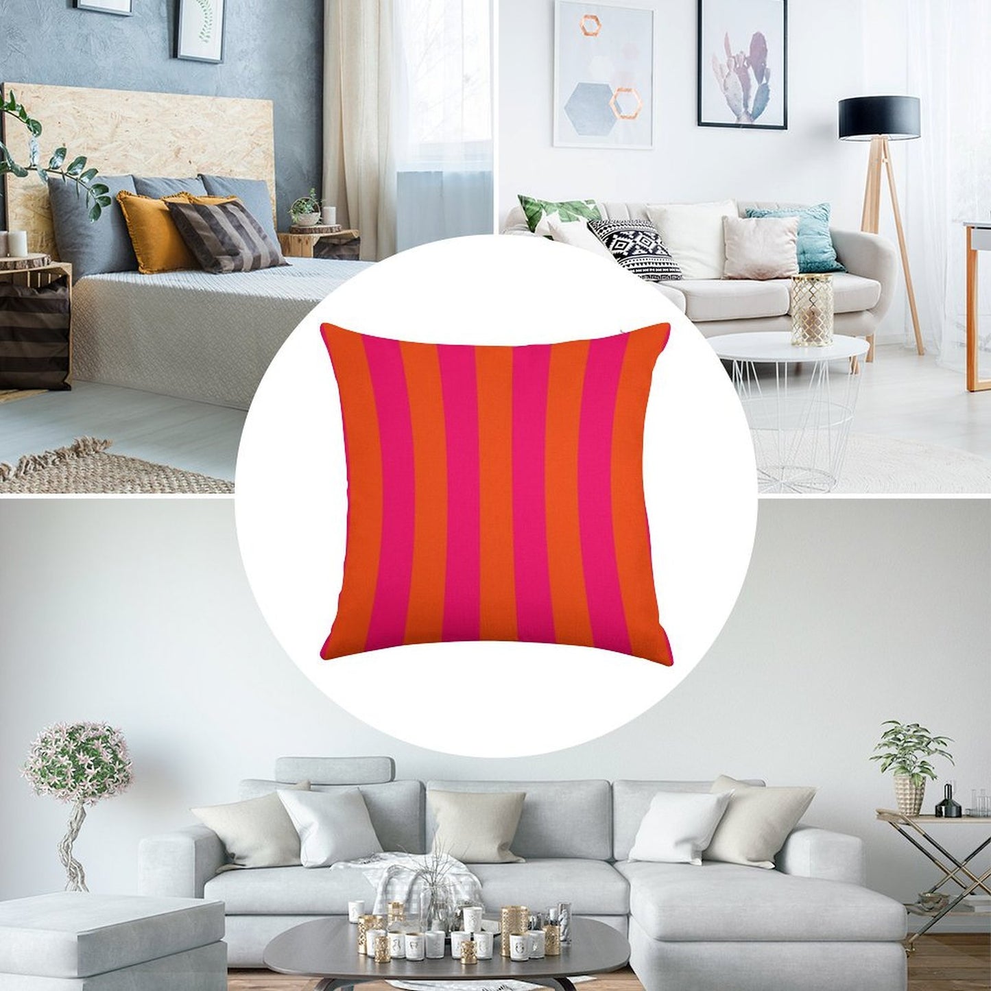 Bright Neon Pink And Orange Vertical Cabana Tent Stripes Linen Throw Pillow Cover