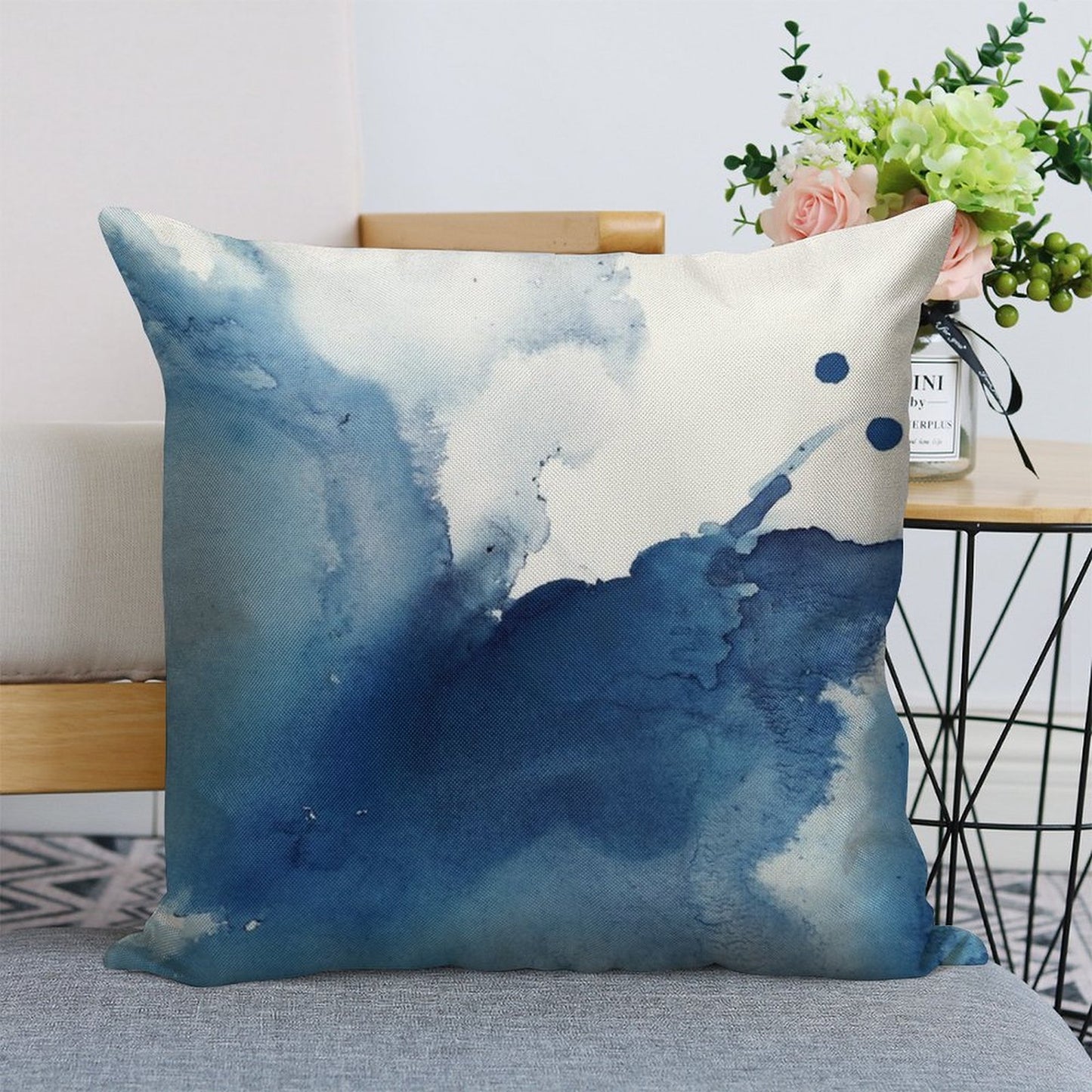 Indigo Blue Sea, Abstract Ink Painting Linen Throw Pillow Cover