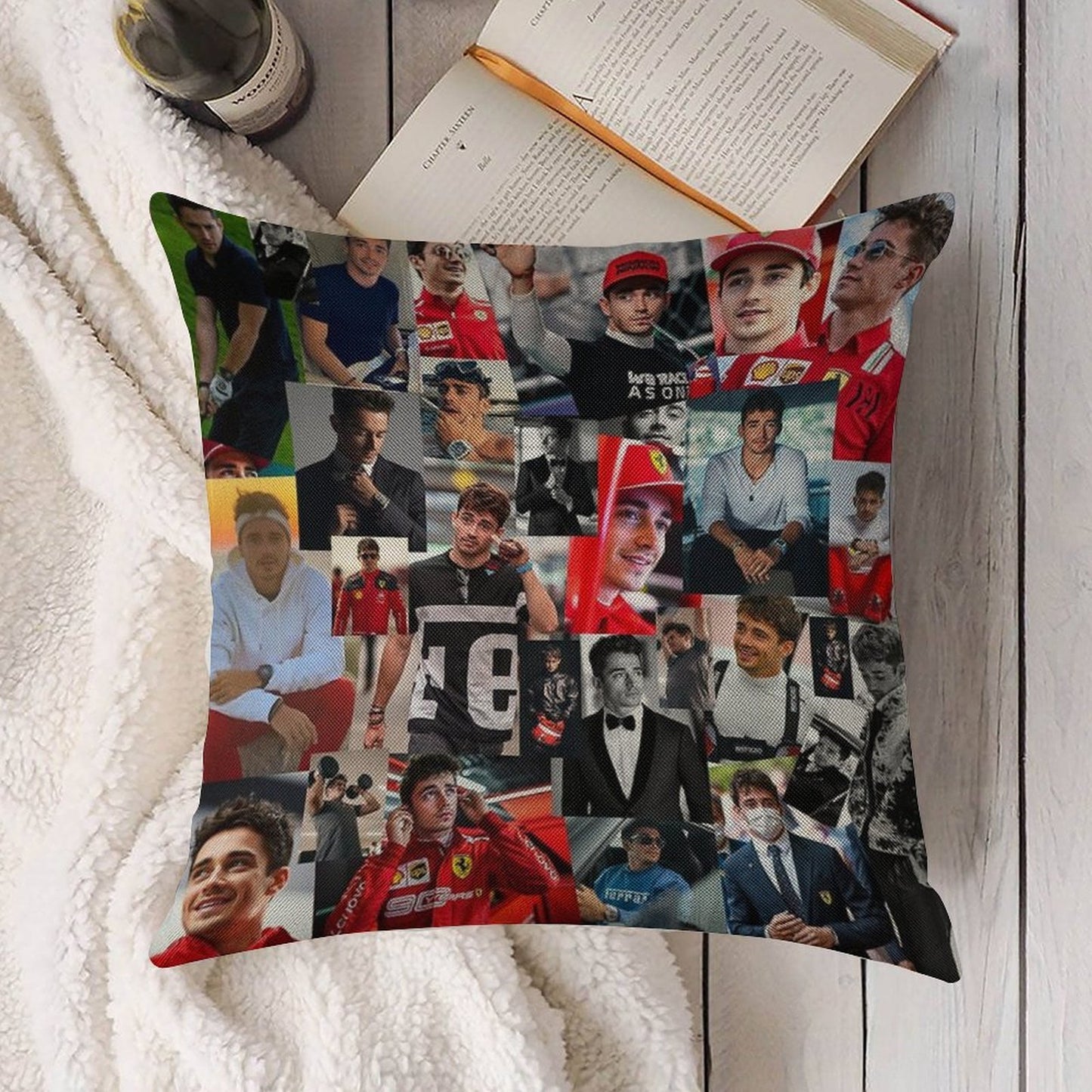 Charles Leclerc Monacan Motorsports Racing Driver Collage Linen Throw Pillow Cover