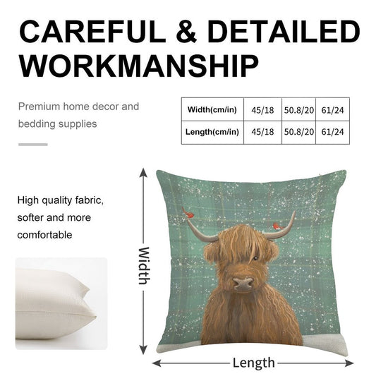 Scottish Highland Cow Winter Robins Tartan Linen Throw Pillow Cover