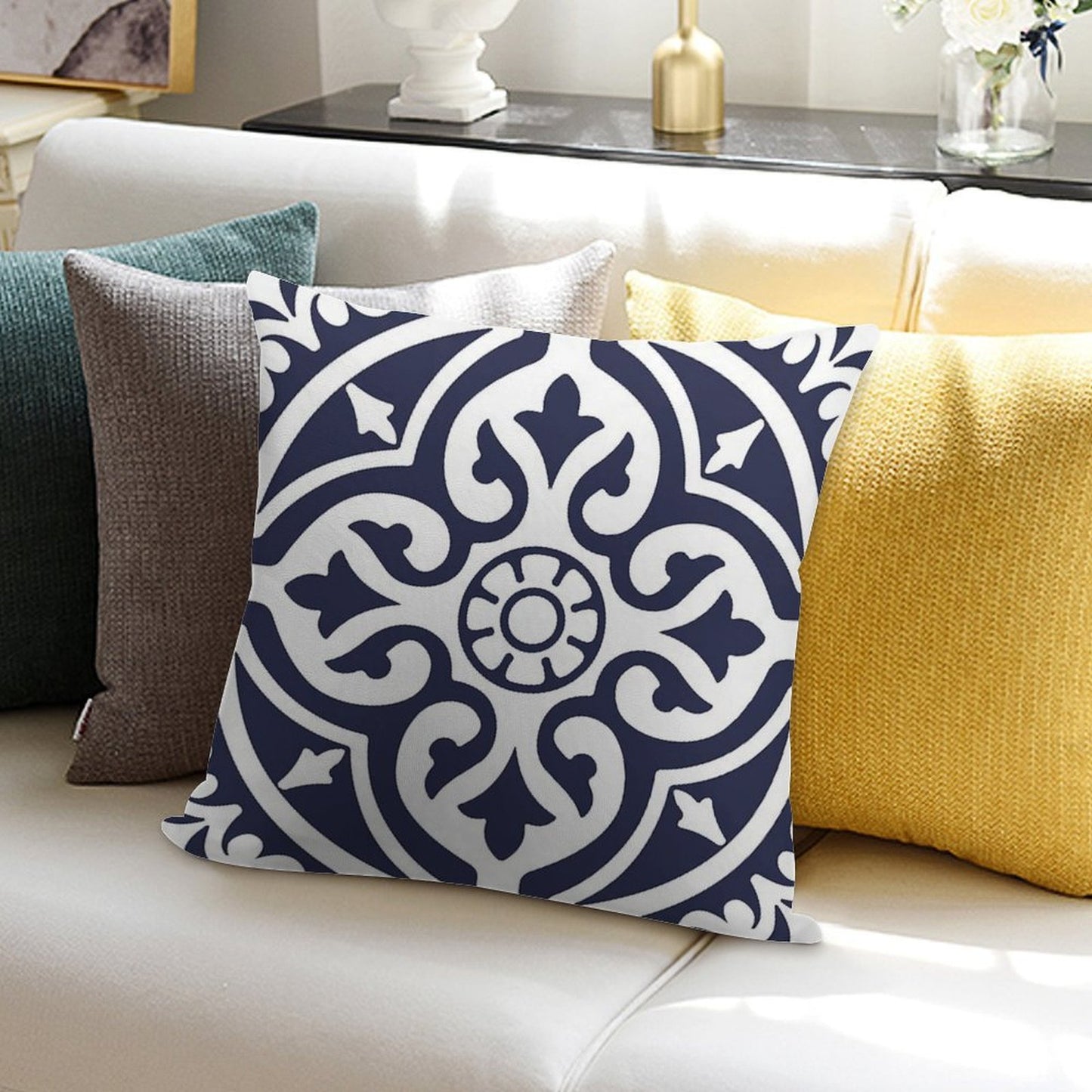 Hamptons Blue And White Moroccan Talavera Tile Soft Short Plush Fabric Throw Pillow