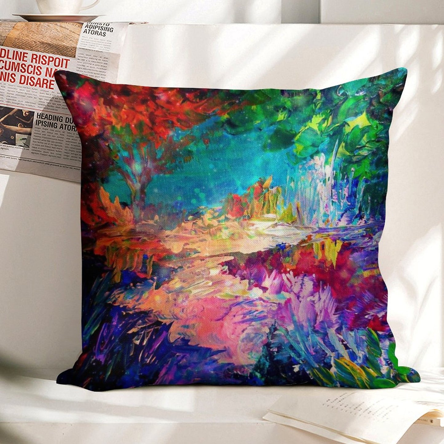 WELCOME TO UTOPIA Bold Rainbow Multicolor Abstract Painting Forest Nature Whimsical Fantasy Fine Art Linen Throw Pillow Cover