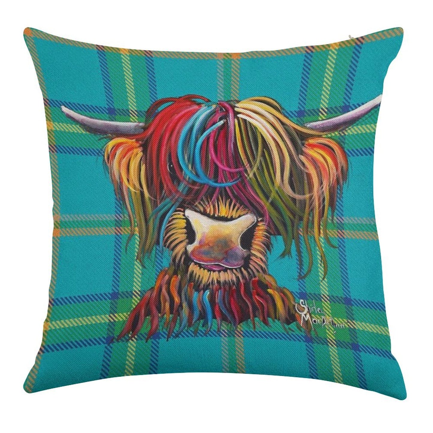 SCoTTiSH HiGHLaND CoW ' TaRTaN NeLLY B ' by SHiRLeY MacARTHuR Linen Throw Pillow Cover
