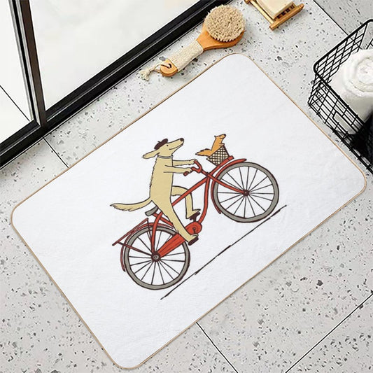 Dog And Squirrel Are Friends Whimsical Animal Art Dog Riding A Bicycle Easy To Clean Bath Mat
