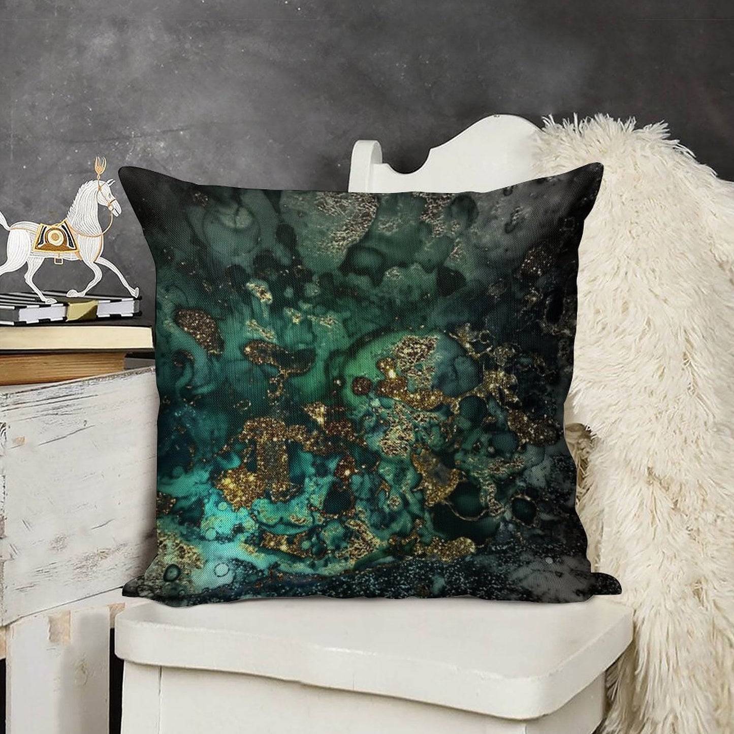 Gold Indigo Faux Malachite Marble Linen Throw Pillow Cover