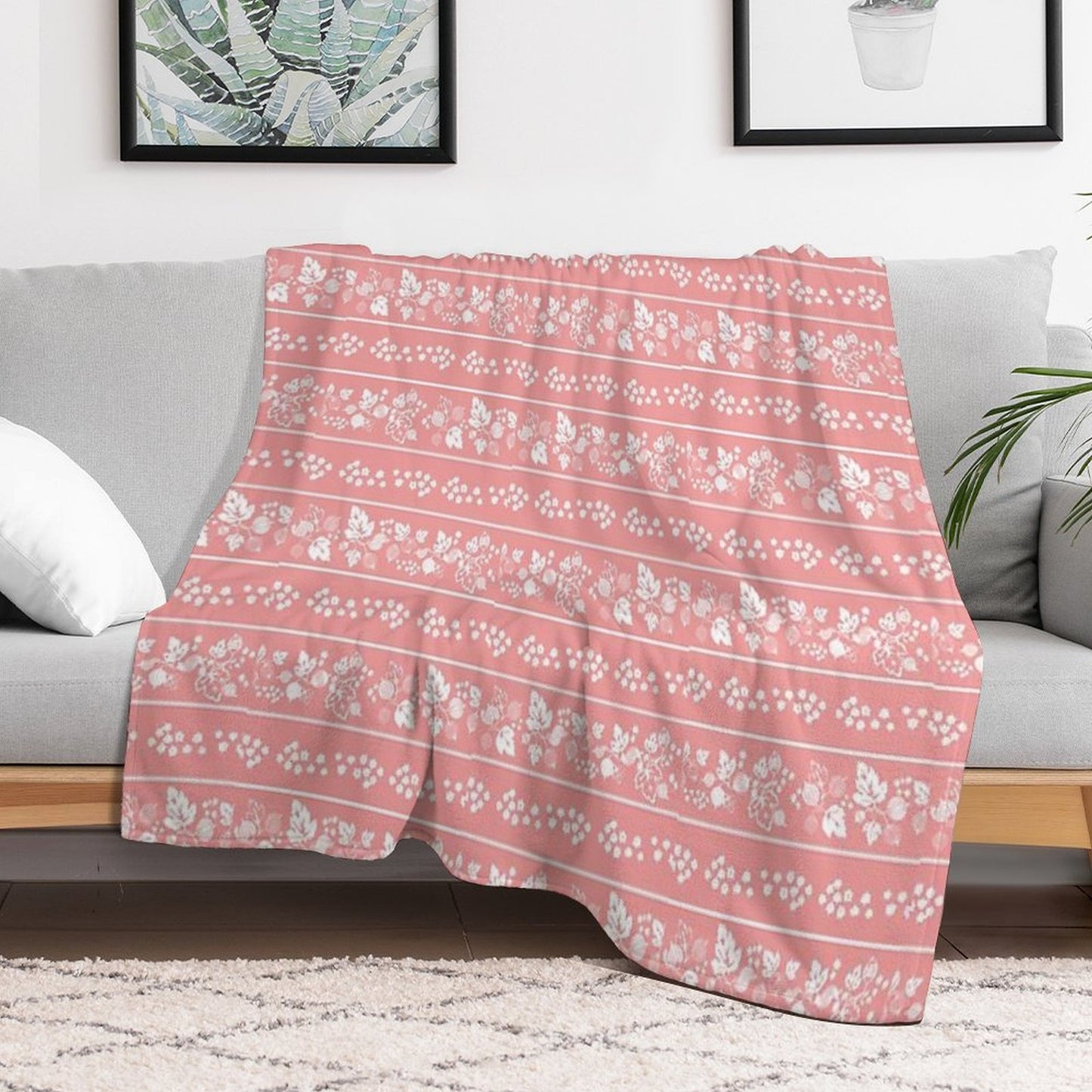 Midcentury Pink Gooseberry Berries And Leaves Vintage Dishes Throw Blanket