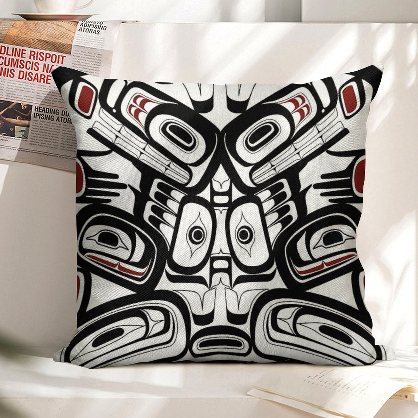 Pacific Northwest Orca Raven Bear Totem Formline Hiada Salish Style First Nations Native American Linen Throw Pillow Cover