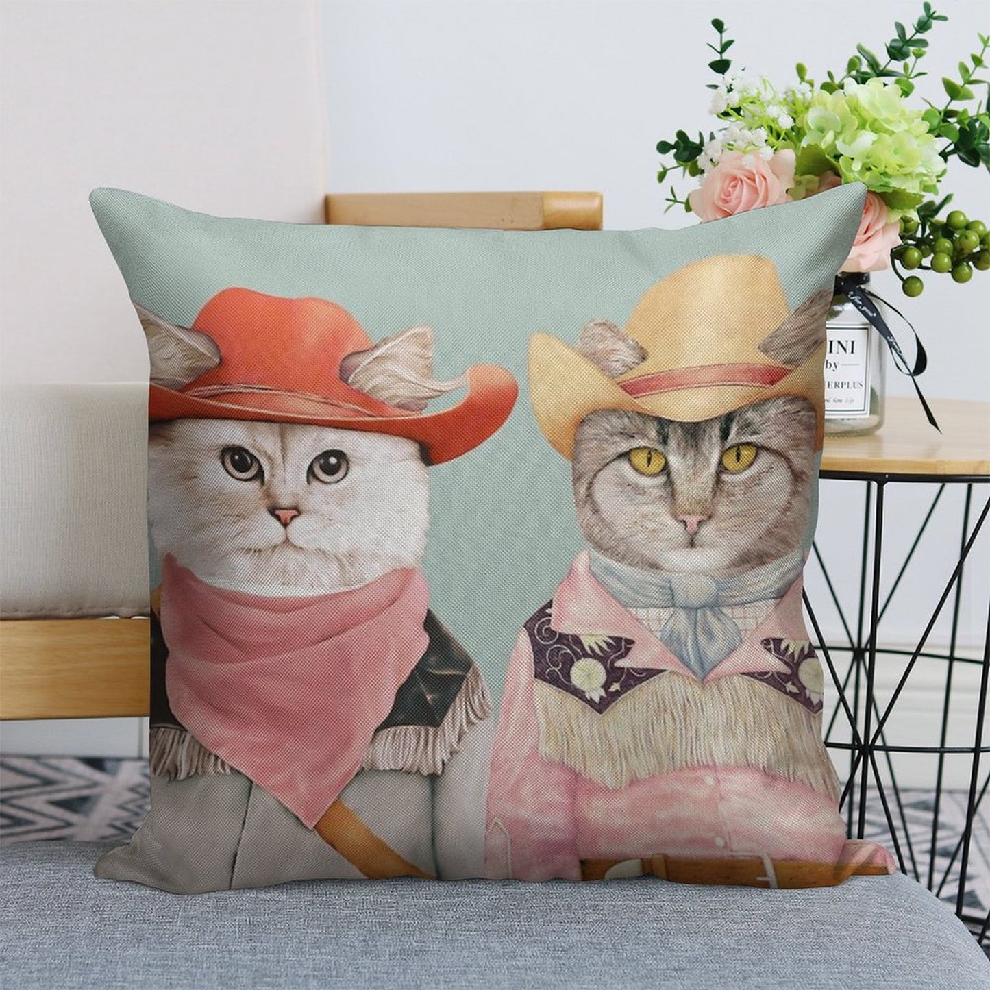 Cowboy Cats Linen Throw Pillow Cover