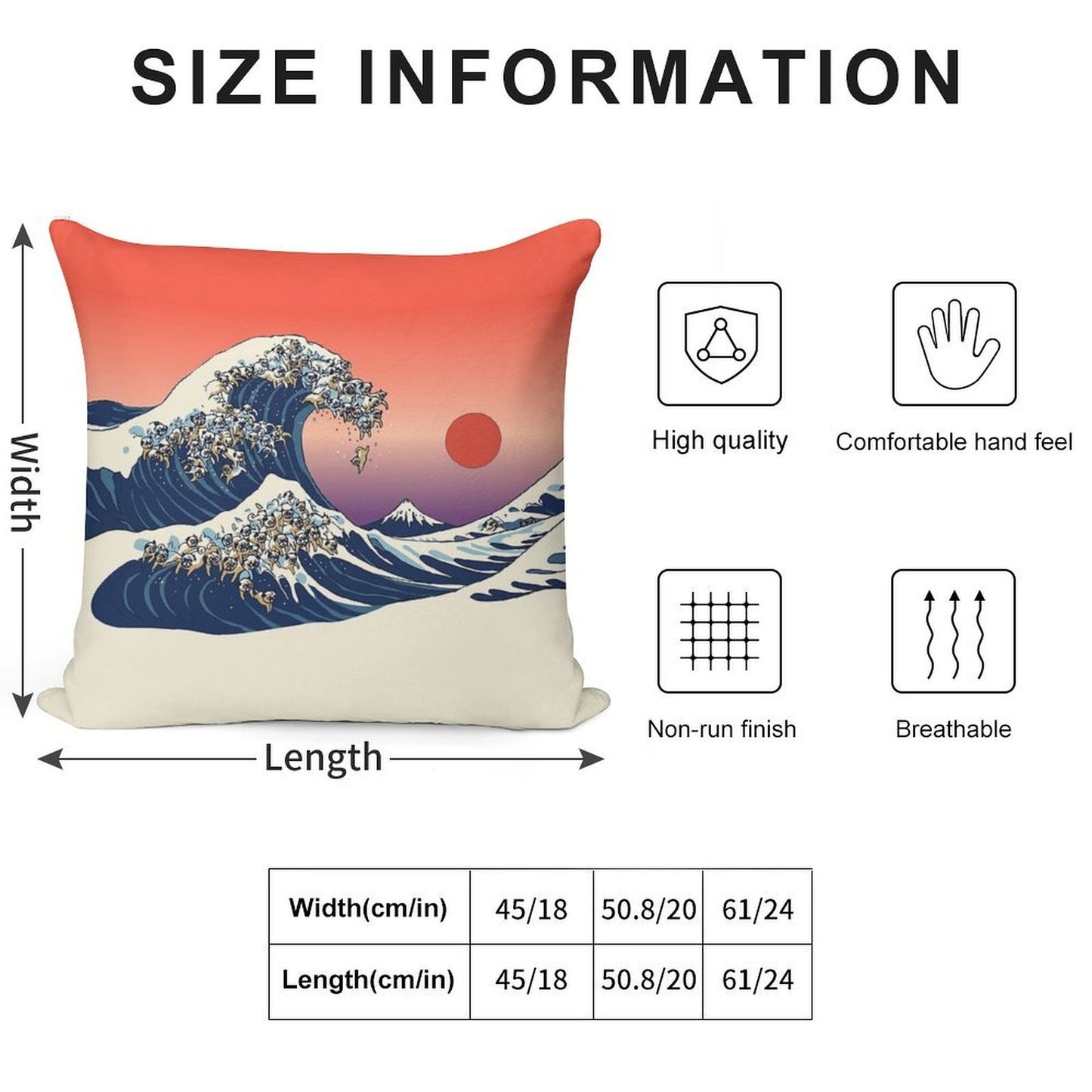 The Great Wave of Pug Soft High-Density Material Throw Pillow