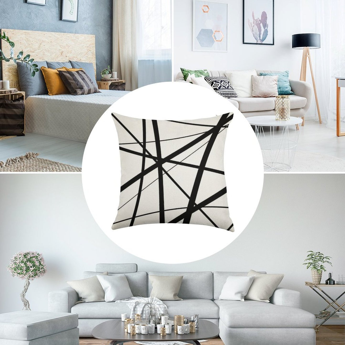 Black And White Geometric Lines Linen Throw Pillow Cover
