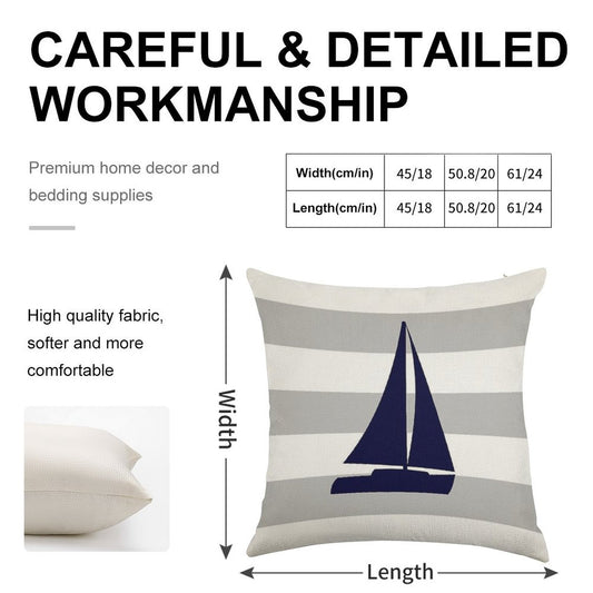 Nautical Navy Blue Sailboat On Silver Gray Stripes Linen Throw Pillow Cover
