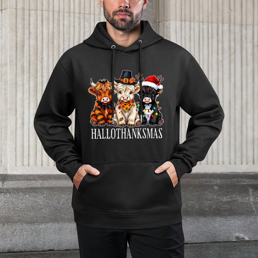 HalloThanksMas Halloween Thanksgiving Christmas Highland Cow All-Day Comfort Hoodie