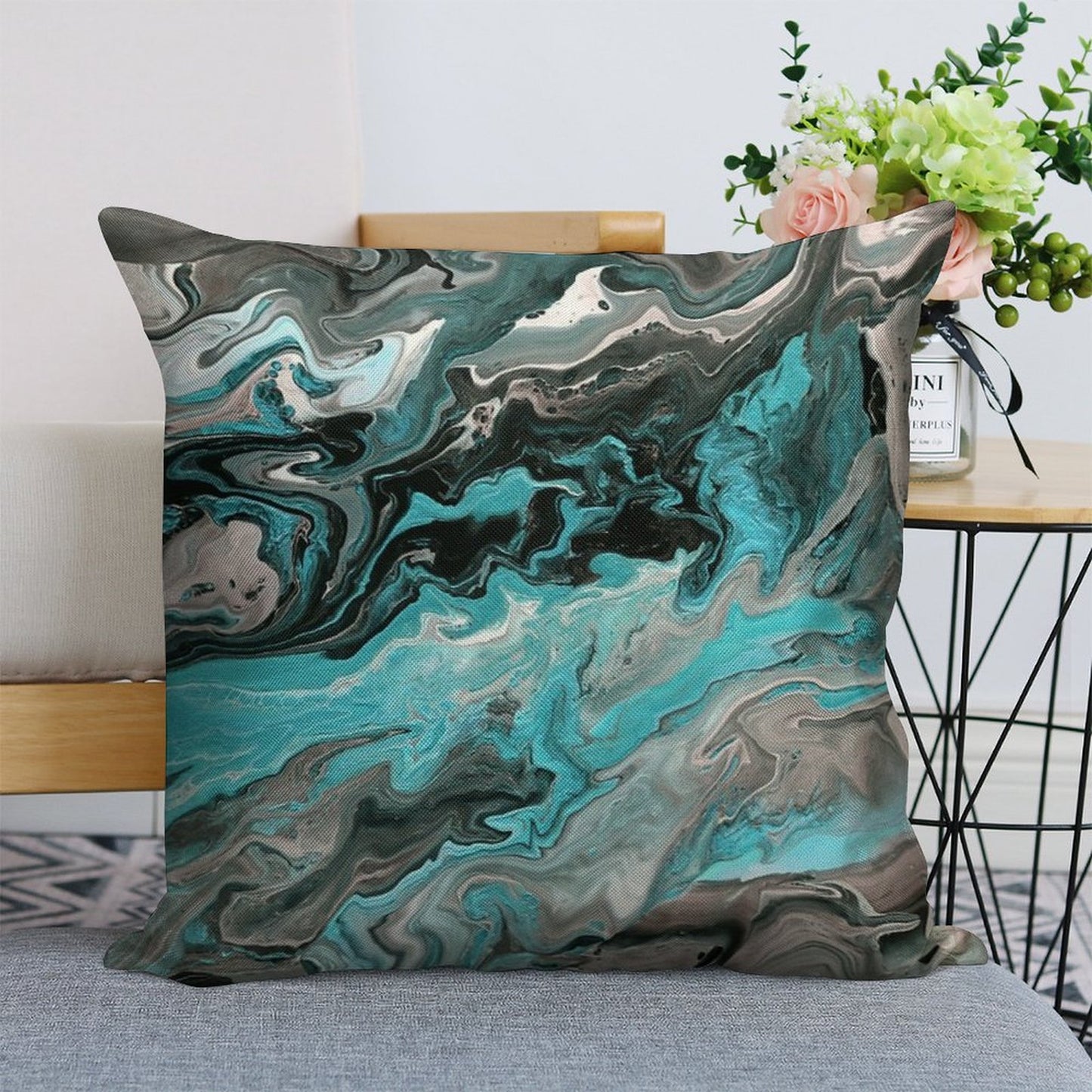 Turquoise Vein Marble Linen Throw Pillow Cover