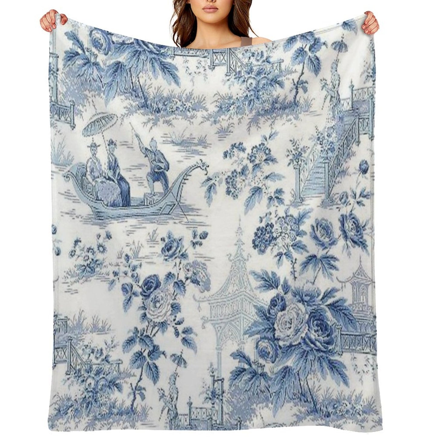 Powder Blue Chinoiserie Toile Throw Blanket