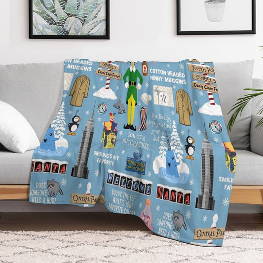 Buddy The Elf Collage, Blue Background Throw Blanket