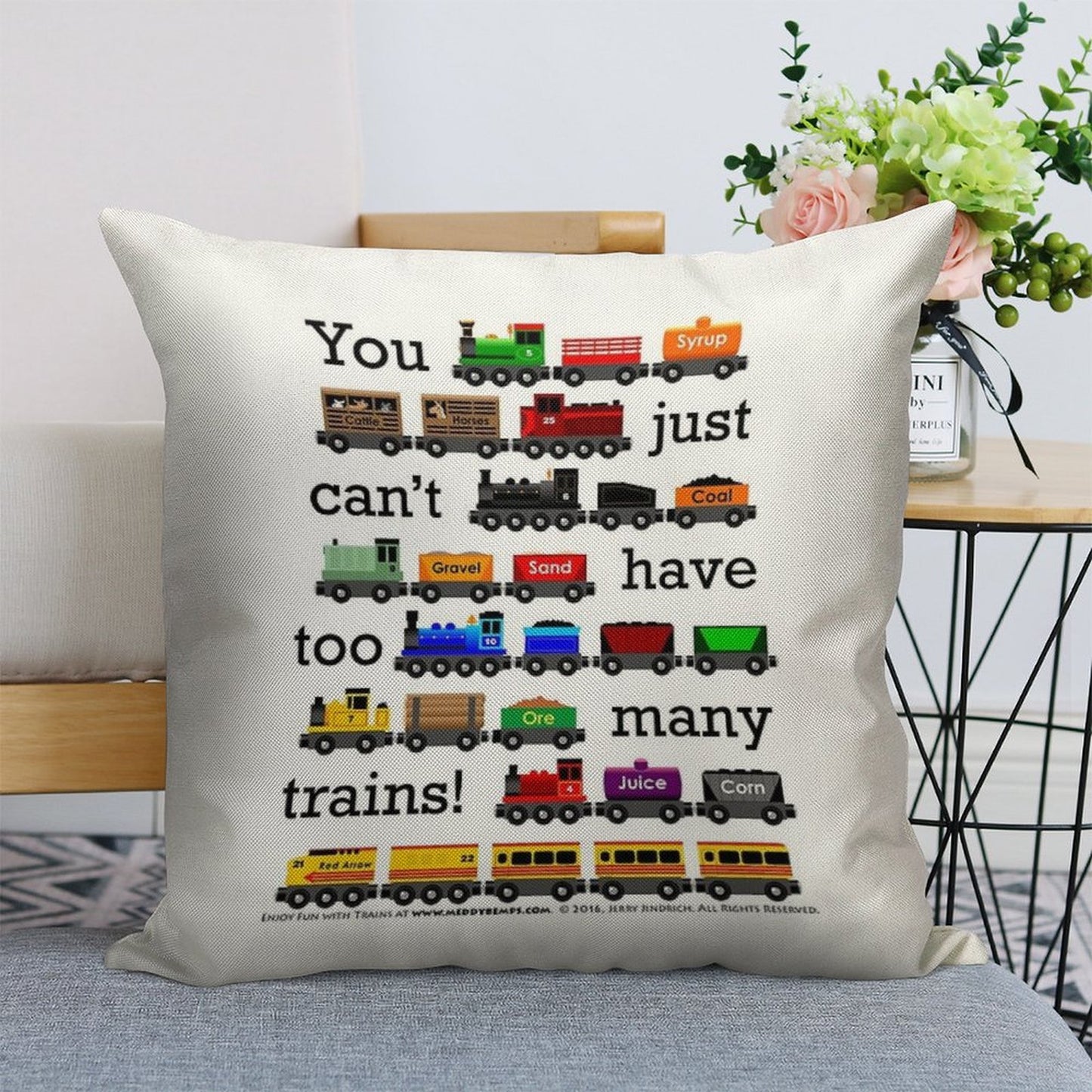 Too Many Trains - Black Lettering Linen Throw Pillow Cover