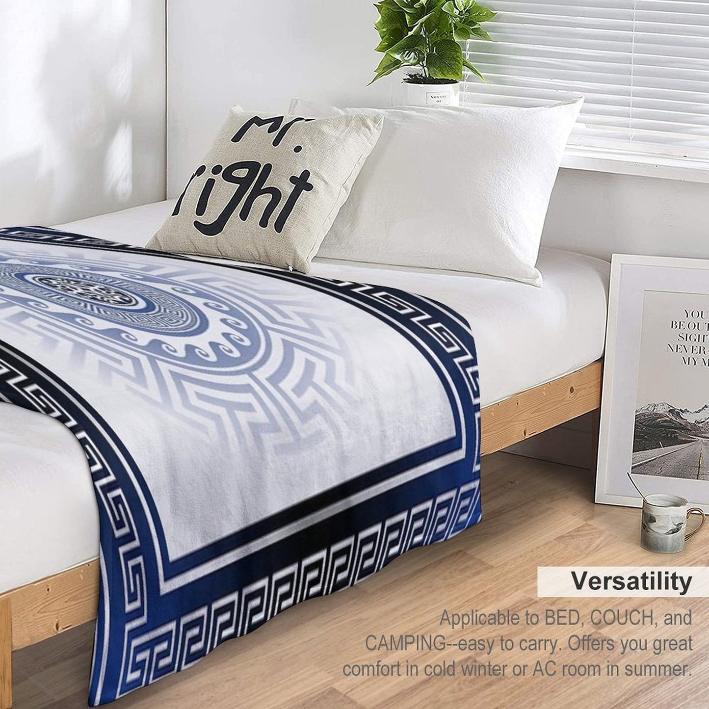 Greek Key Meander Blue White Silver Throw Blanket