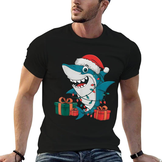 Xmas Lighting Santa Hat Shark Christmas Fade-proof Color T-Shirt