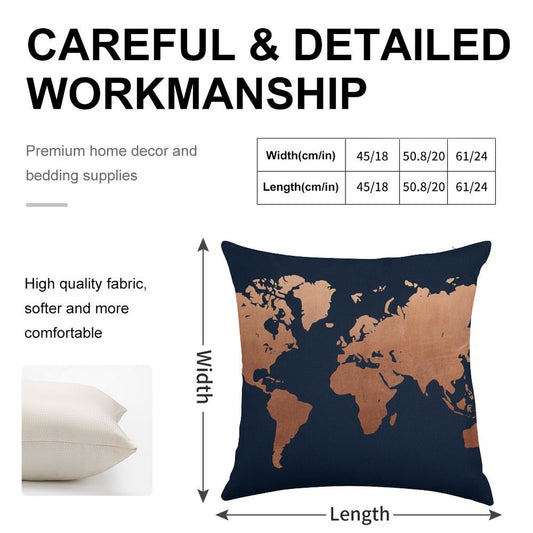 World Map - Navy Blue And Copper Linen Throw Pillow Cover