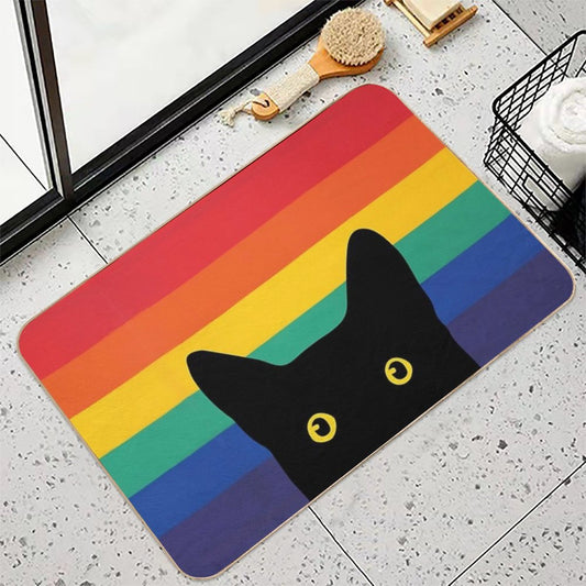 Peeking Cat in Rainbow Circle Bath Mat