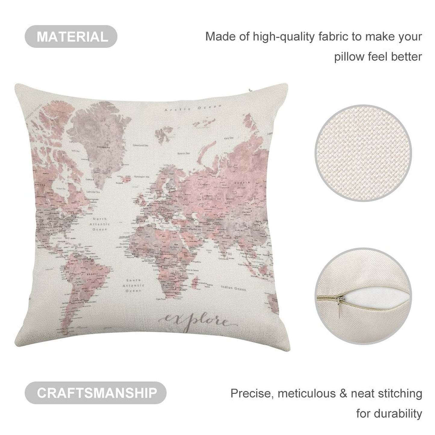 Explore - Dusty Pink And Grey Watercolor World Map, Detailed Linen Throw Pillow Cover