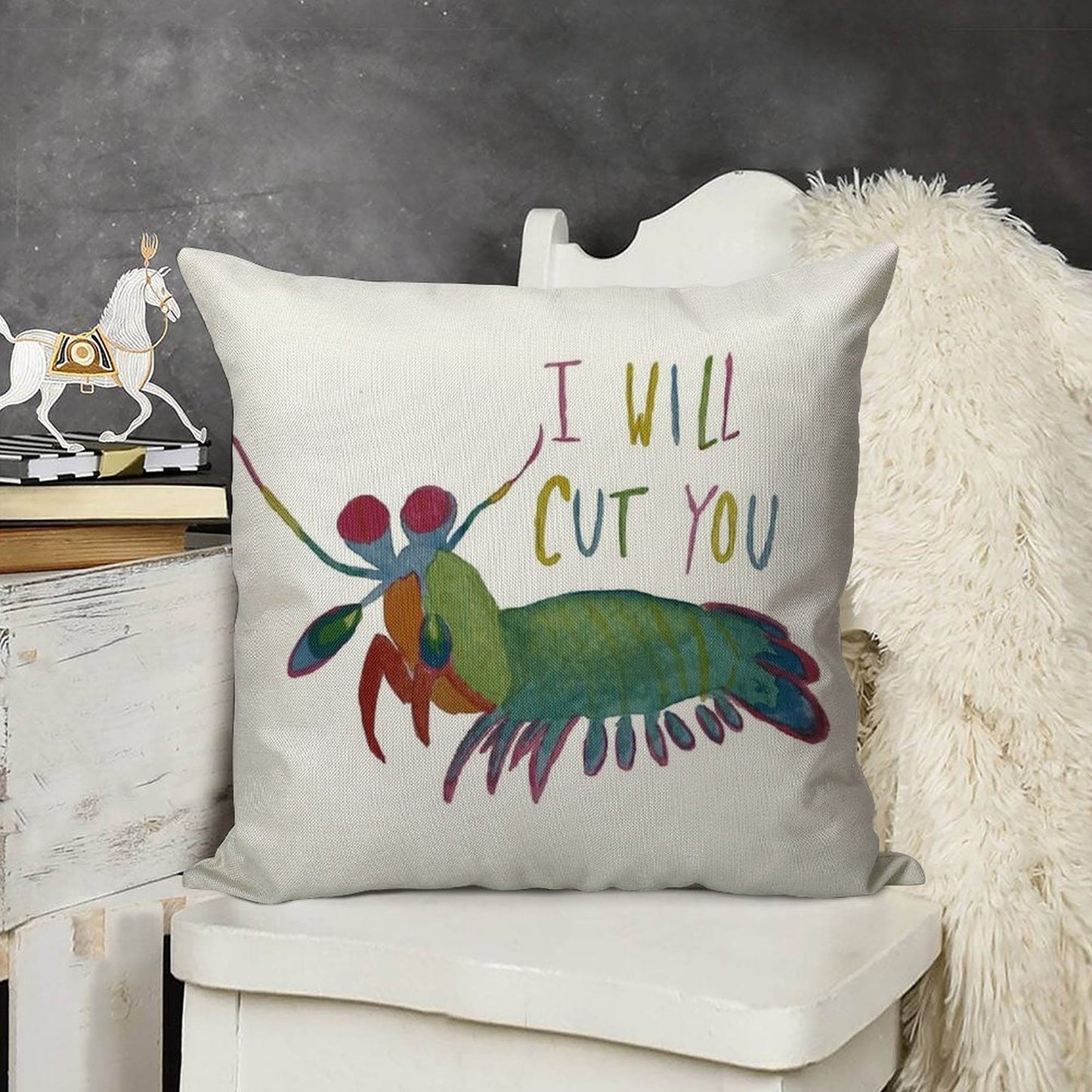 Mantis Shrimp Threat Linen Throw Pillow Cover