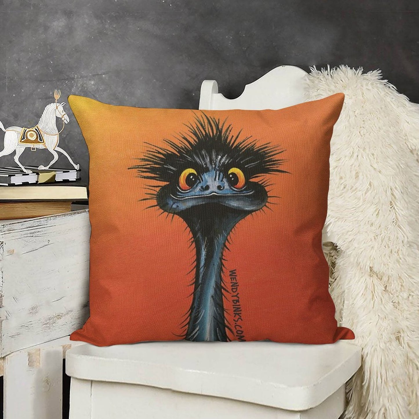 Stunned Emu with Sunset Linen Throw Pillow Cover