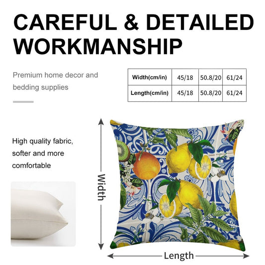Mediterranean Lemon on Blue Ceramic Tiles Linen Throw Pillow Cover