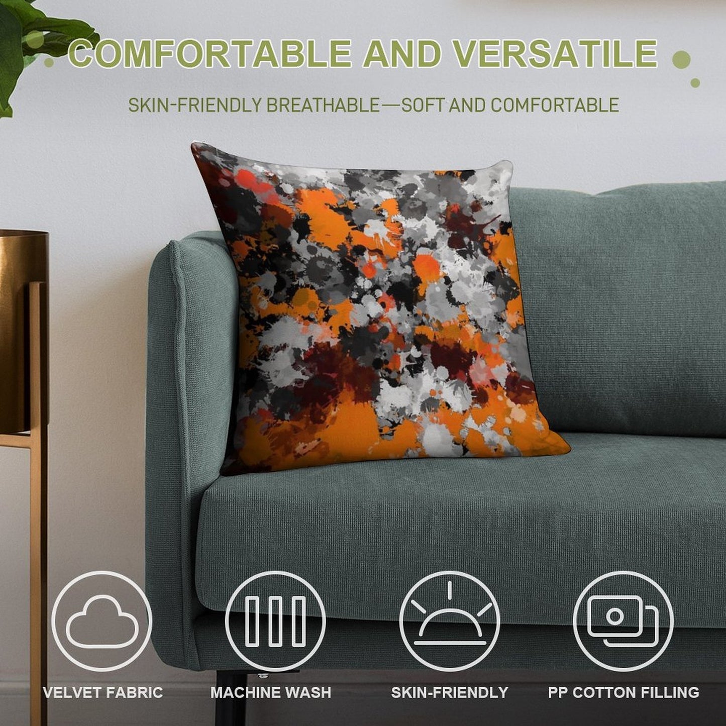 Orange And Grey Paint Splatter Soft Style Accent Throw Pillow