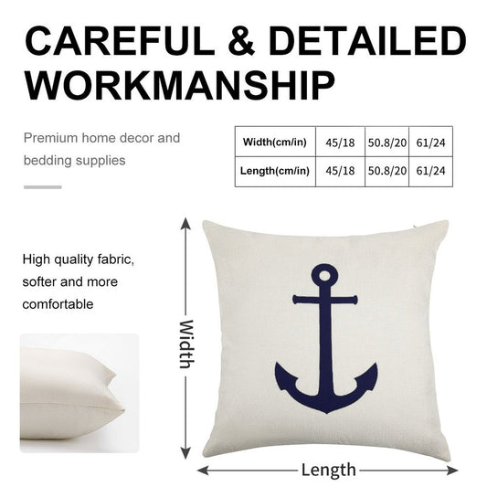 Navy Blue Anchor On White Linen Throw Pillow Cover