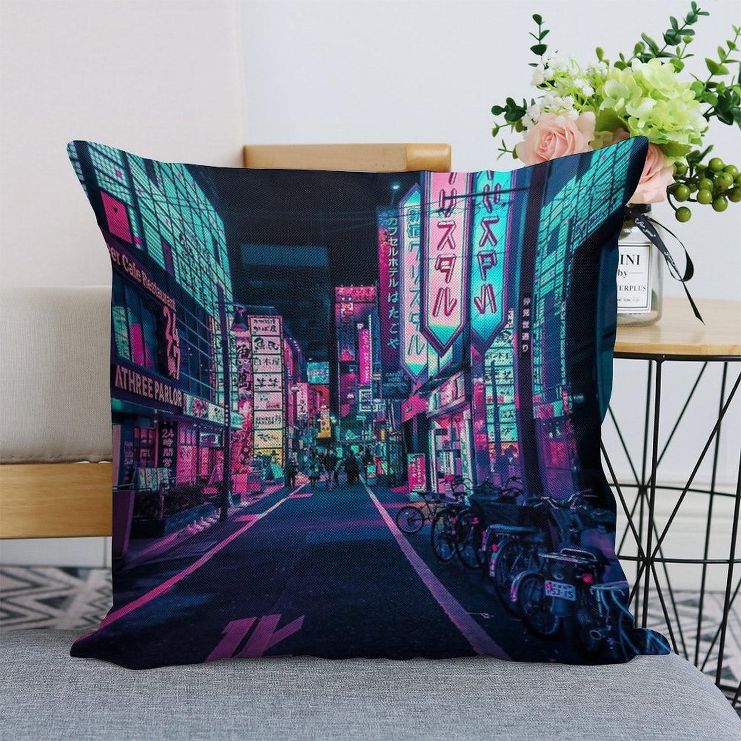 Tokyo - A Neon Wonderland Linen Throw Pillow Cover