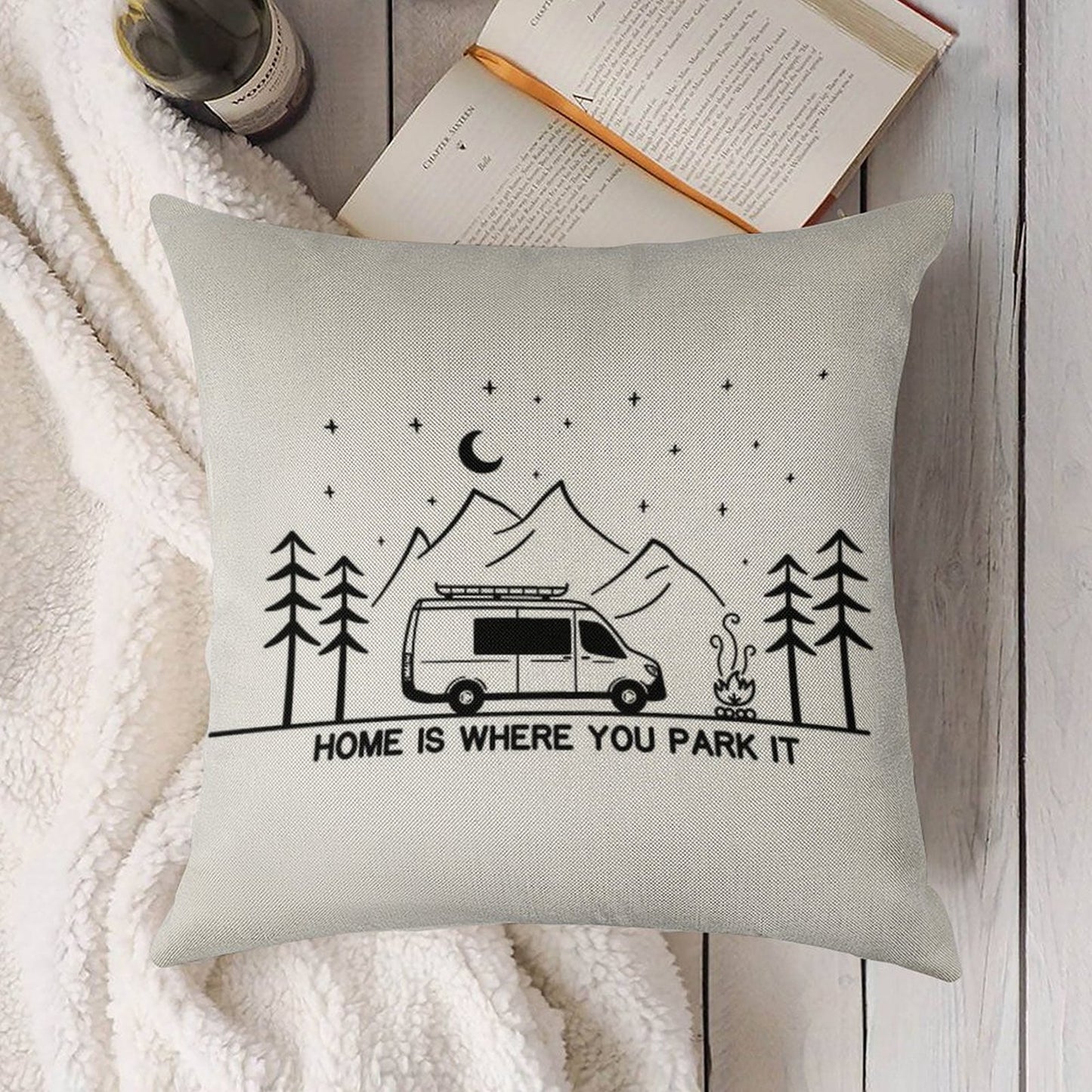 Home Is Where You Park It Vanlife Campervan Camping Outdoors RV Linen Throw Pillow Cover