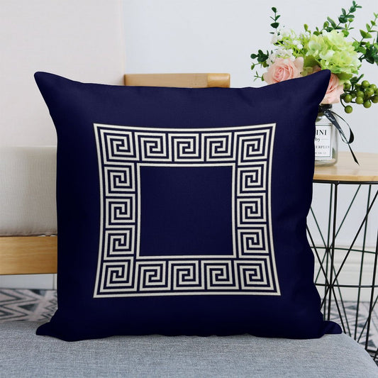 Navy Blue Greek Key Meander Square Linen Throw Pillow Cover