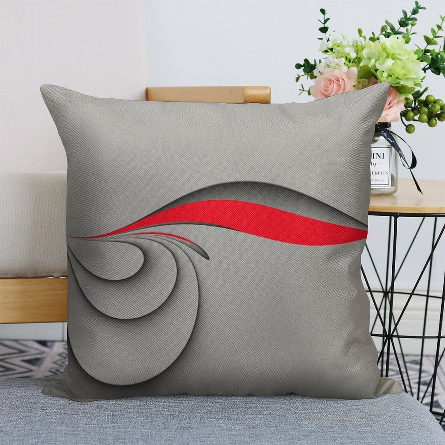 Grey And Red Linen Throw Pillow Cover