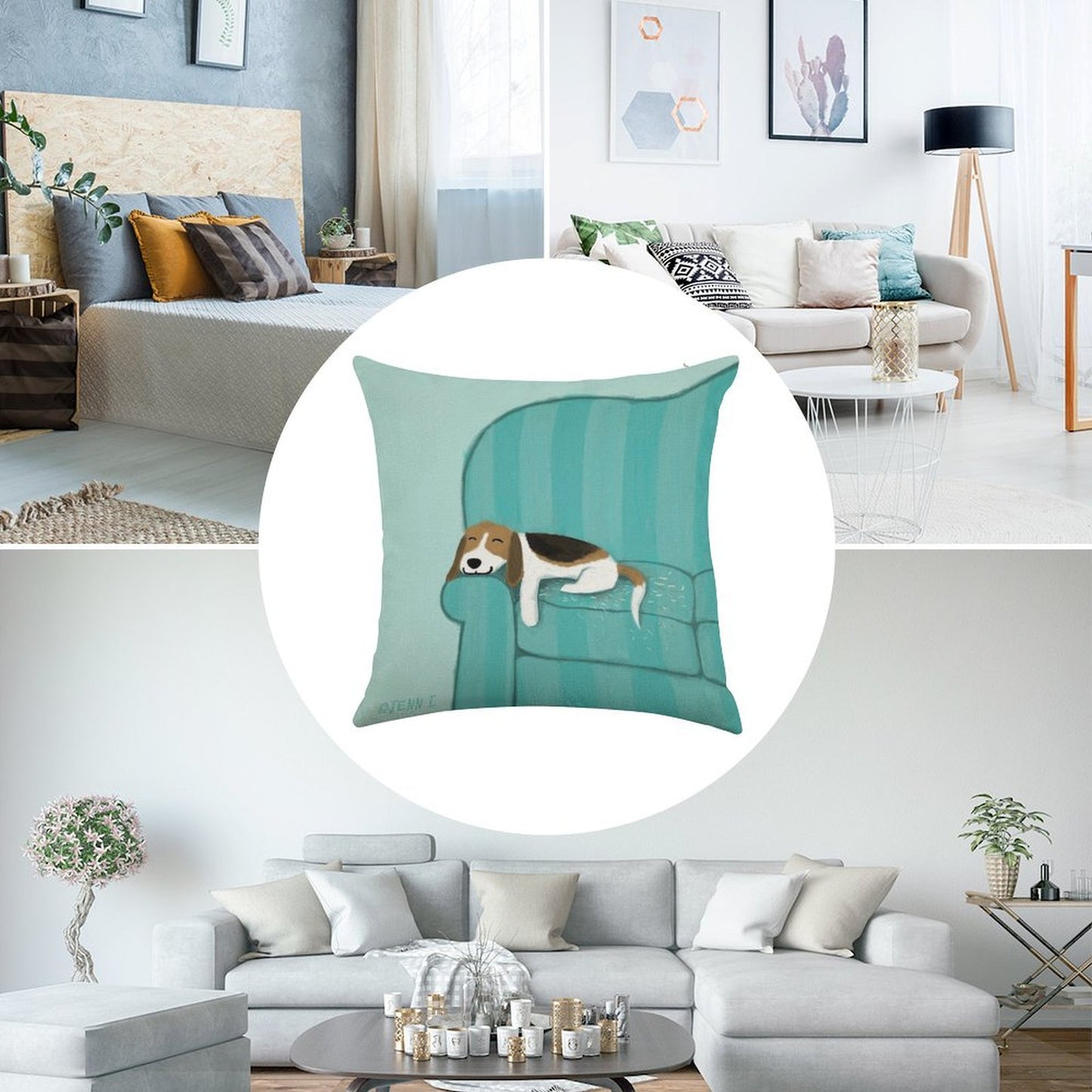 Happy Couch Dog Cute Beagle Linen Throw Pillow Cover
