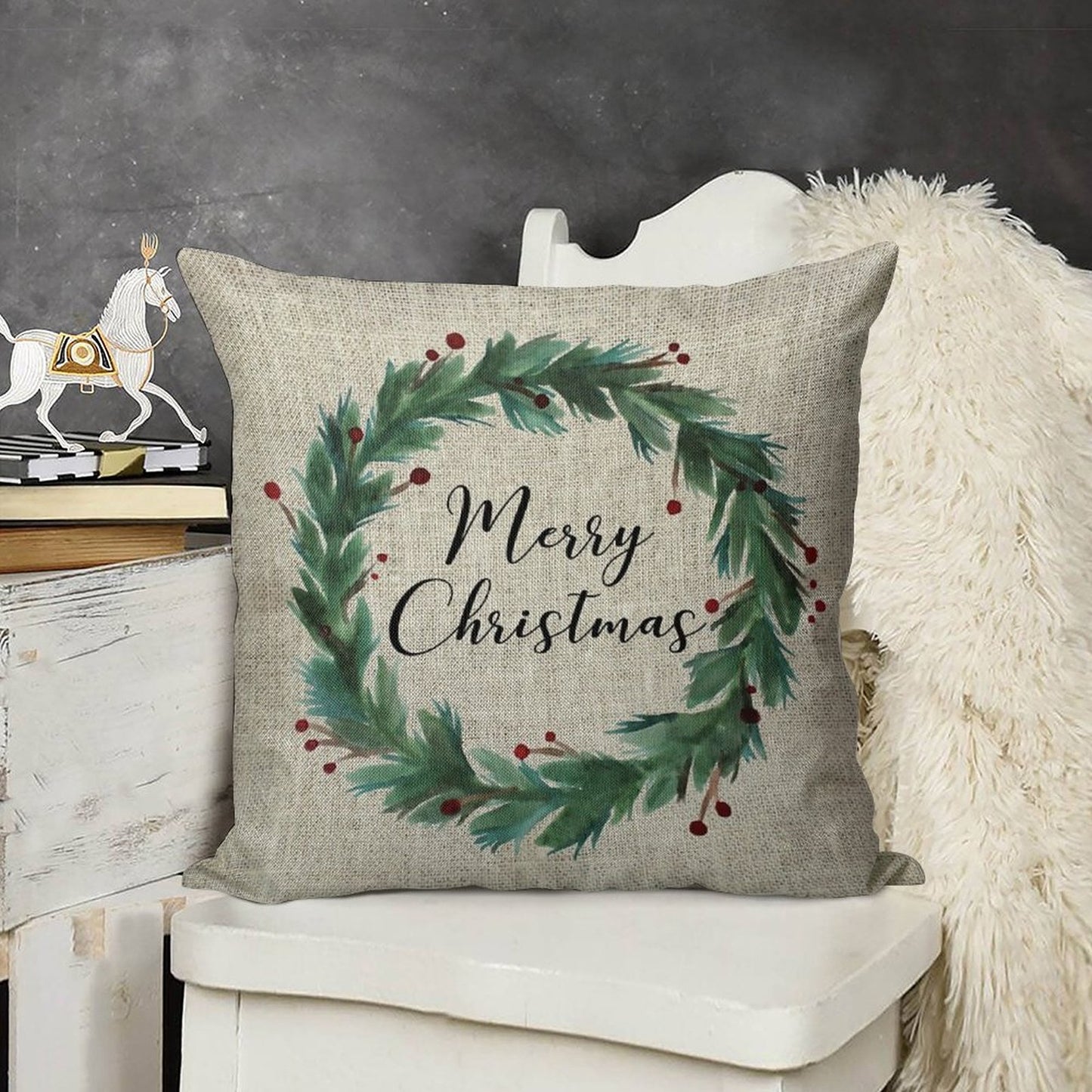 Christmas Wreath Linen Throw Pillow Cover