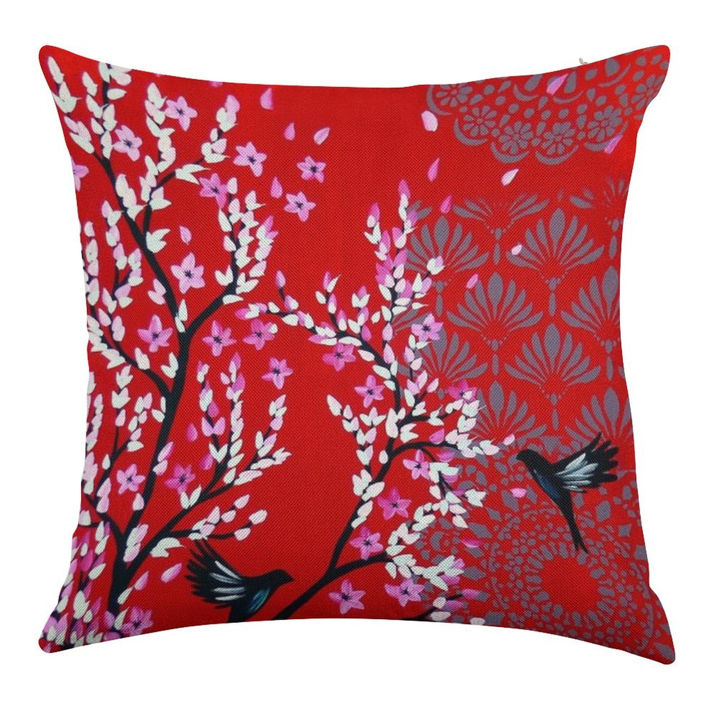 Red Cherry Blossom Linen Throw Pillow Cover