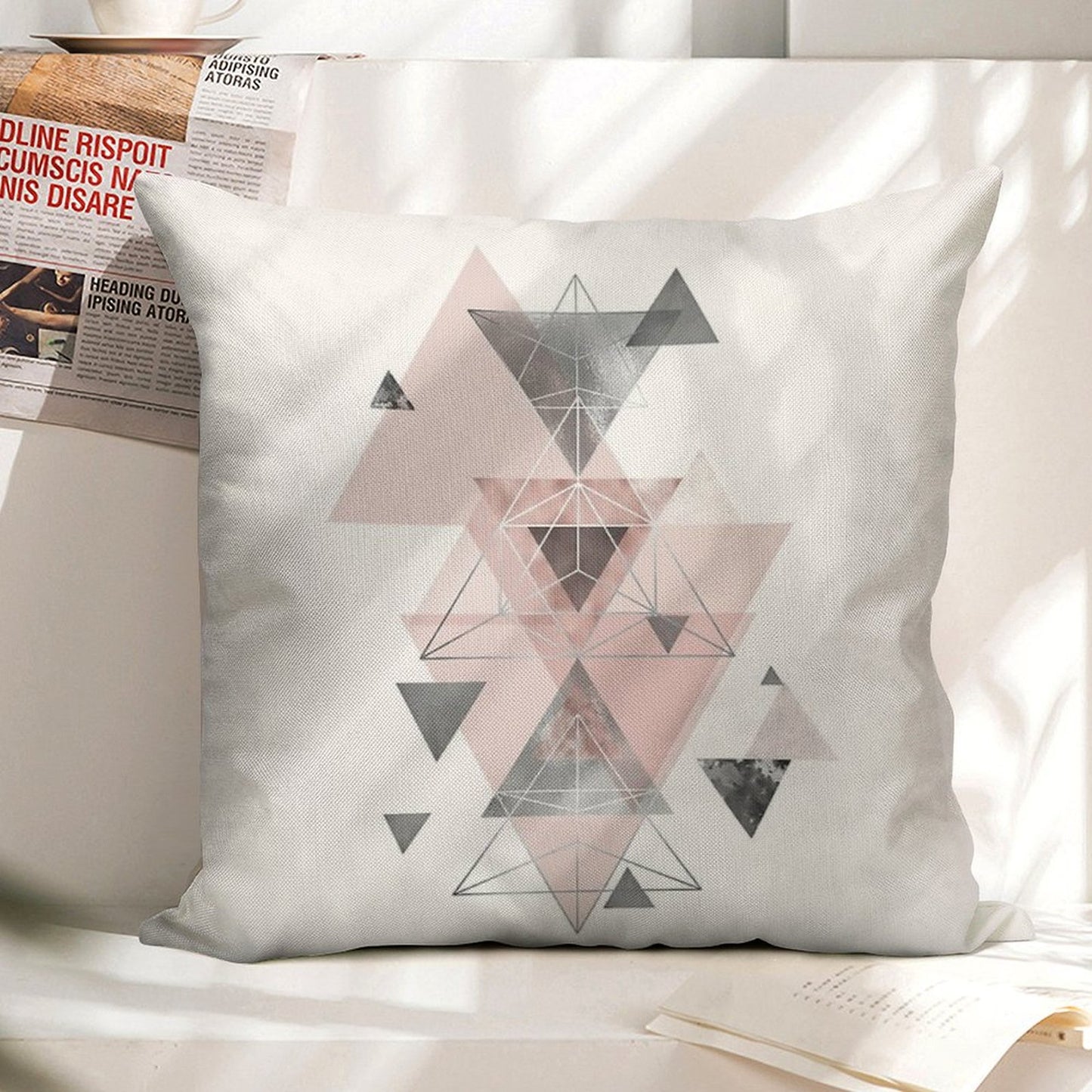 Abstract Geo in Blush Pink And Grey Linen Throw Pillow Cover