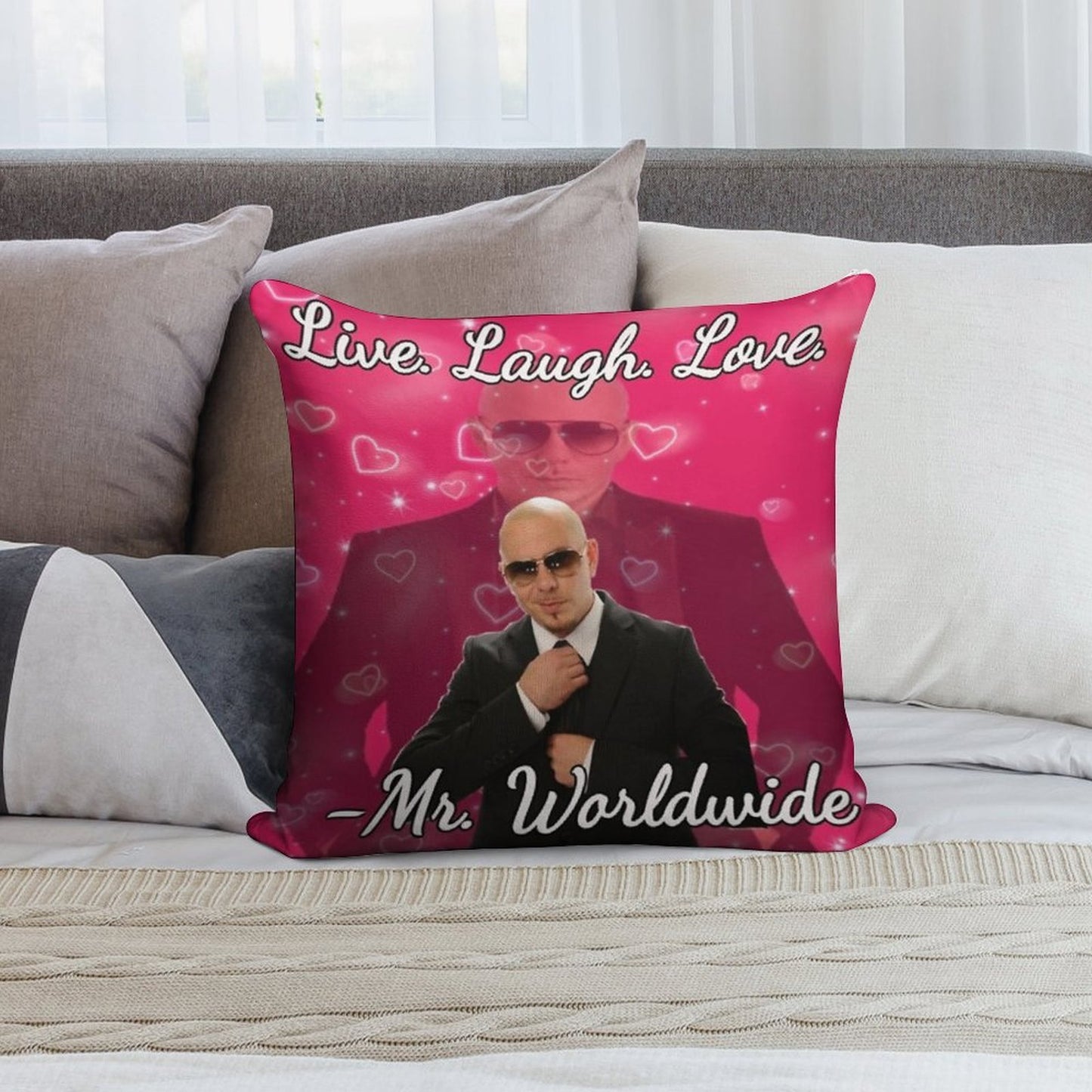 Mr Worldwide Live. Laugh. Love. Soft Reinforced Edging Throw Pillow