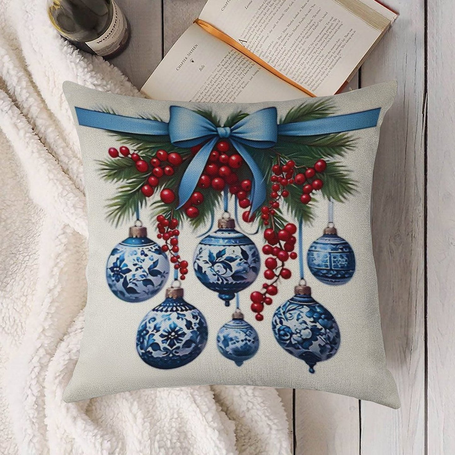 Chinoiserie Christmas Holiday. Blue And White Linen Throw Pillow Cover