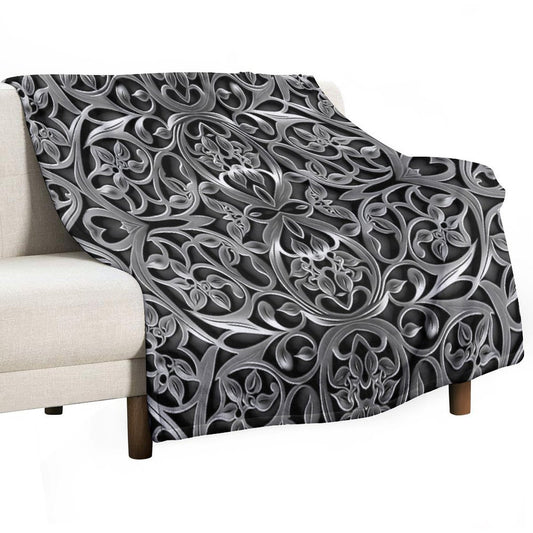 Luxurious Filigree Fern 3D Print - Silver And Black Designer Pattern for A Modern Classic Glam Home VI Throw Blanket