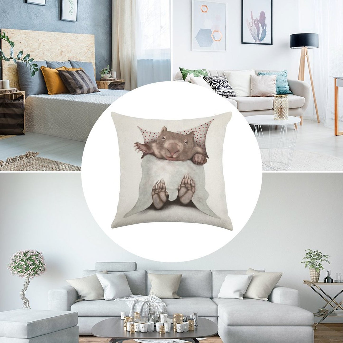 Wombat in Bed Linen Throw Pillow Cover