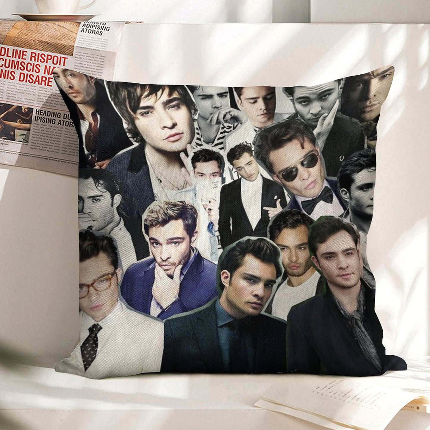 Ed Westwick Collage Linen Throw Pillow Cover