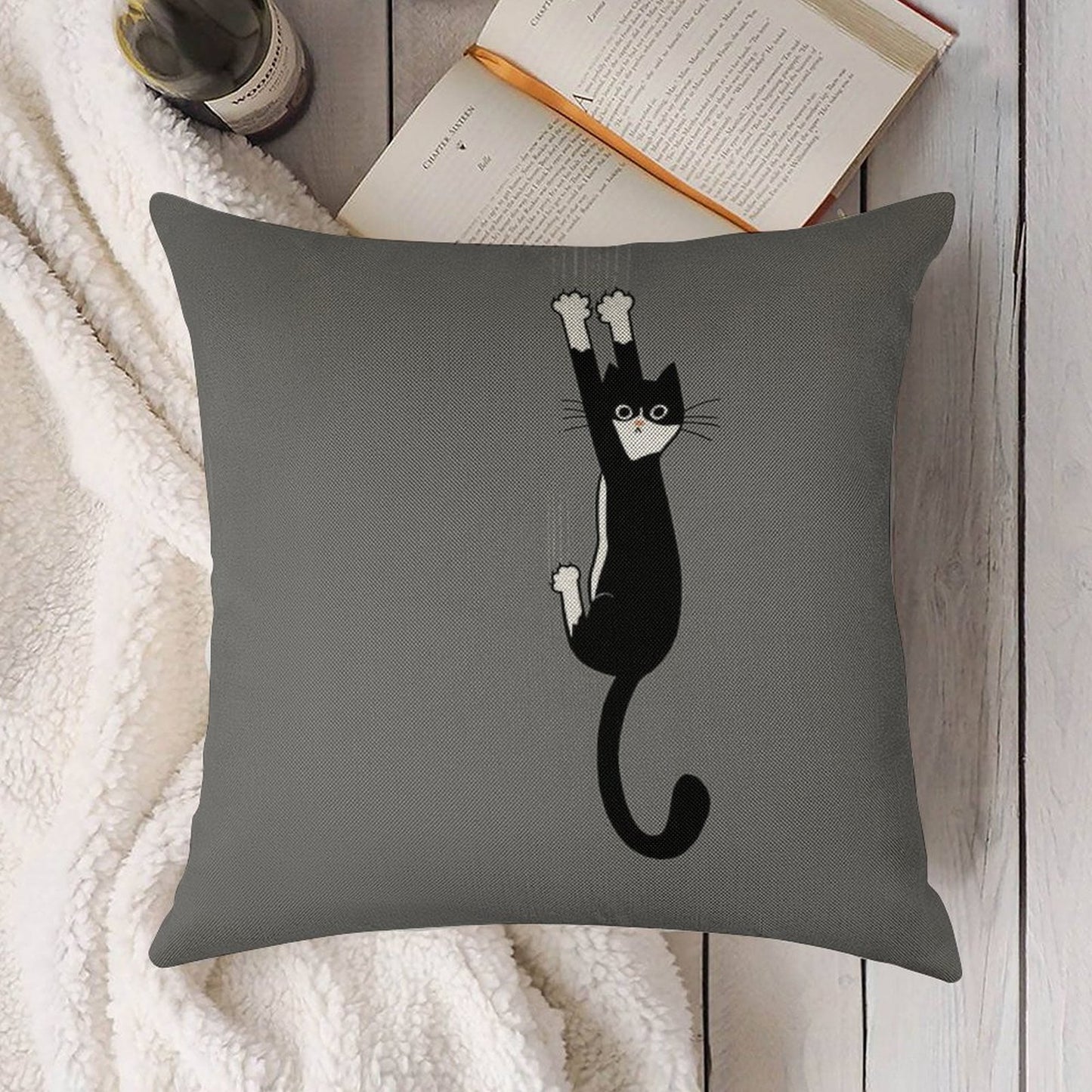 Black And White Cat Hanging On  Funny Tuxedo Cat Linen Throw Pillow Cover