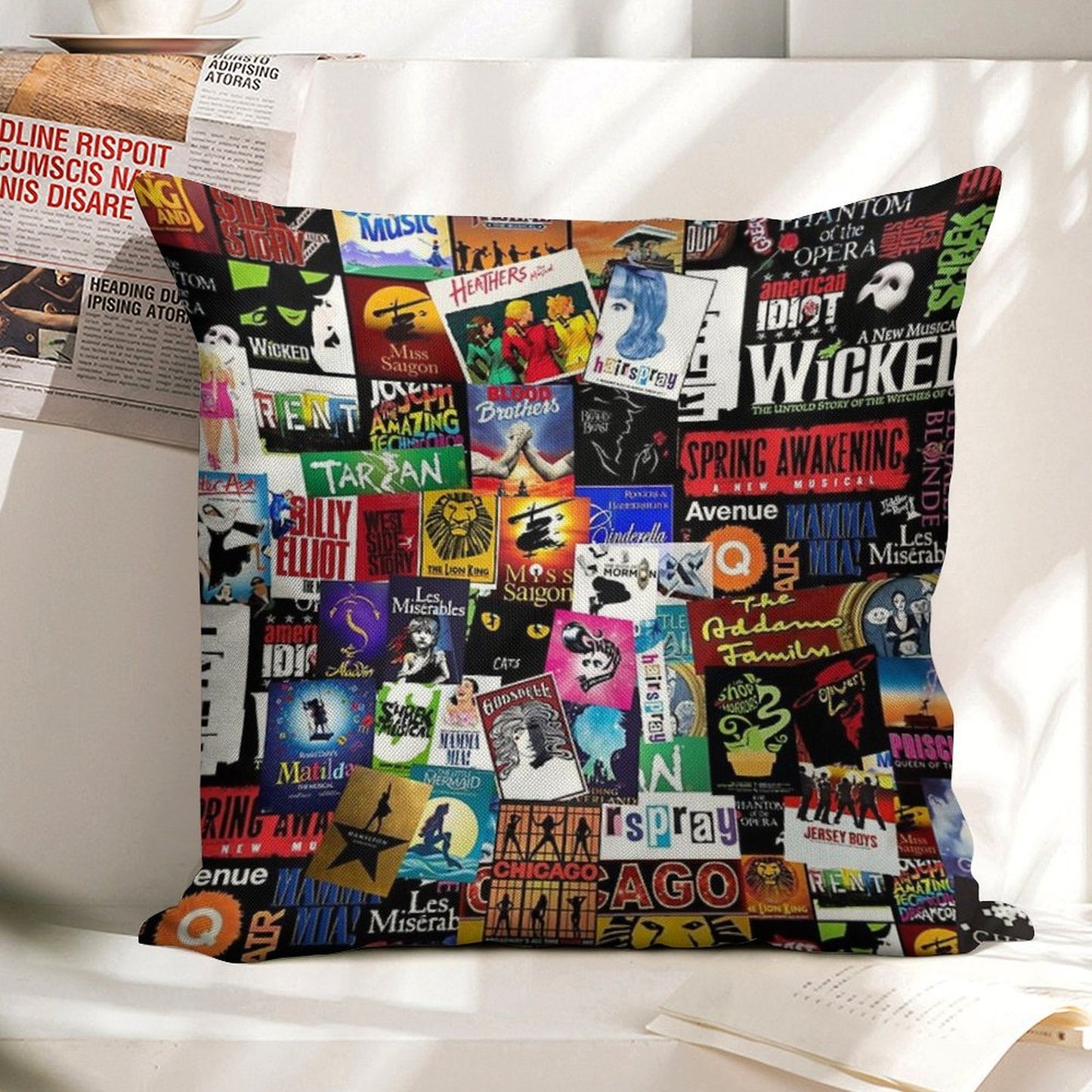 Musicals Collage II Original Linen Throw Pillow Cover