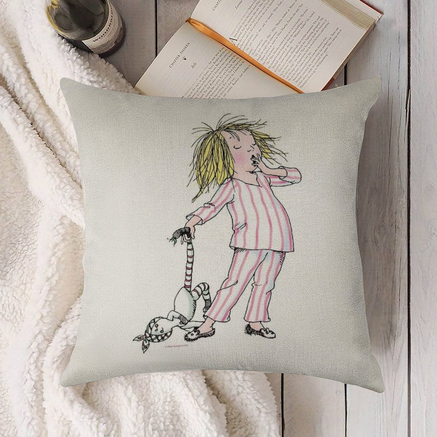 Yawning Eloise in Her Pajamas Linen Throw Pillow Cover