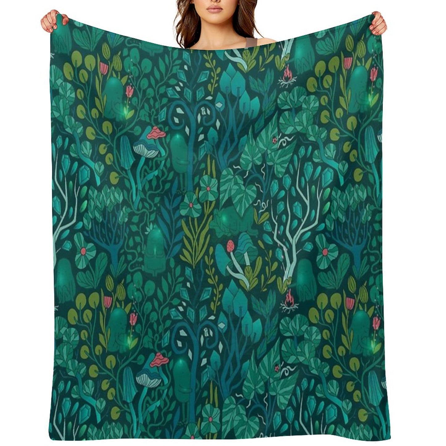 Emerald Forest Keepers. Fairy Woodland Creatures. Tree, Plants And Mushrooms Throw Blanket
