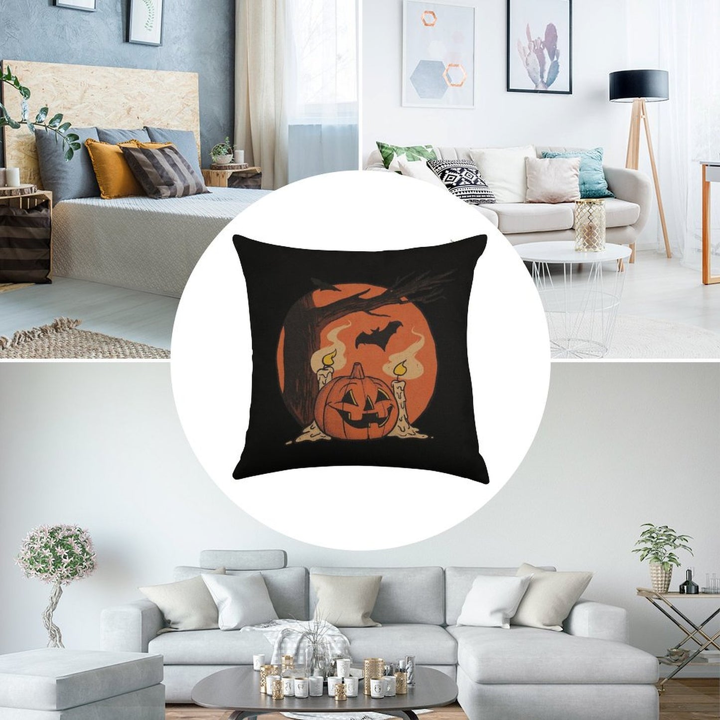 Vintage Pumpkin Scene Halloween Linen Throw Pillow Cover