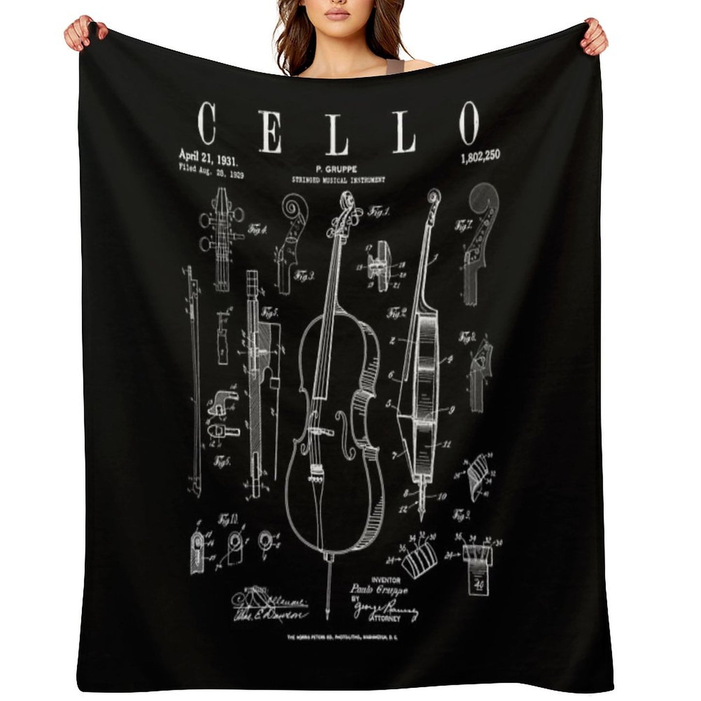 Cello Vintage Patent Cellist Drawing Print Throw Blanket